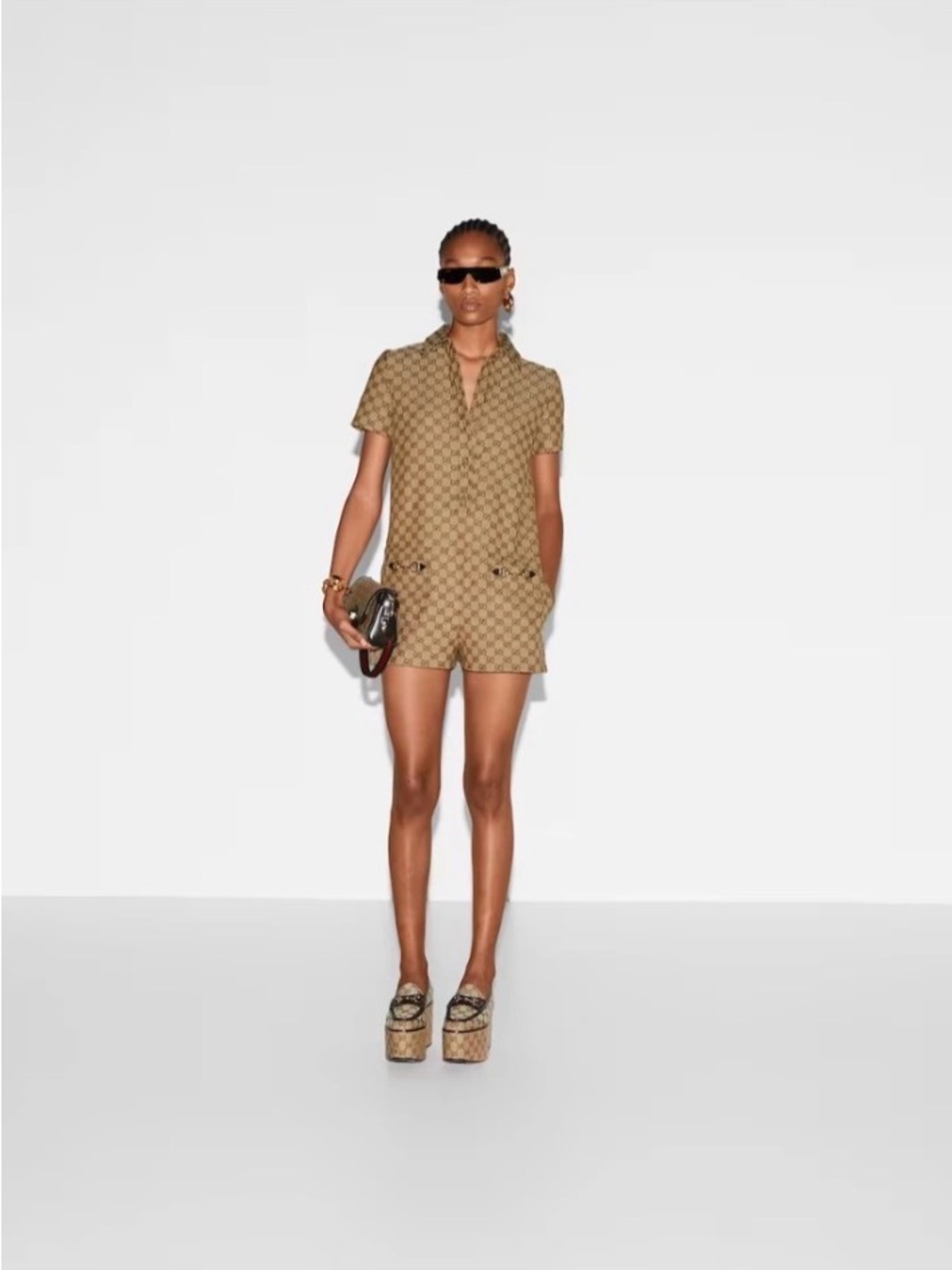 Gucci Tan GG Monogram Short Jumpsuit Romper